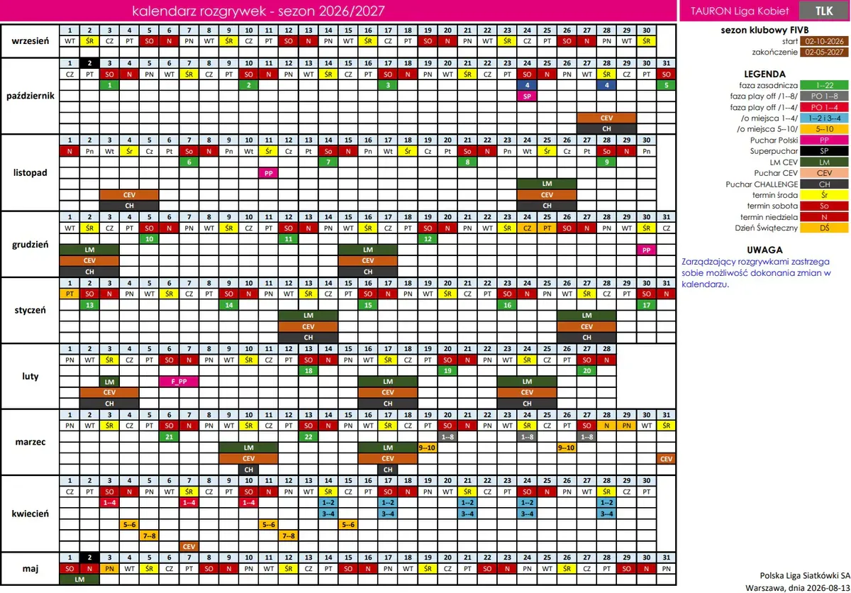 Terminarz TAURON Ligi Kobiet na sezon 2026/2027! (Fot.: Polska Liga Siatkówki)