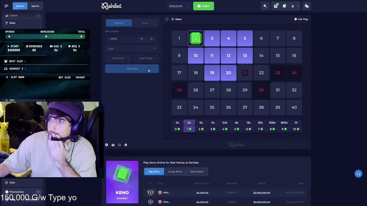 Z 2 tysięcy do MILIONA! Mitch Jones trafia max win w Keno i... natychmiast wszystko traci