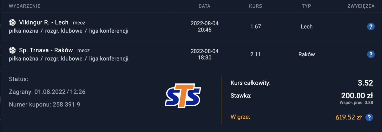 Wygrane Lecha i Rakowa - kupon STS
