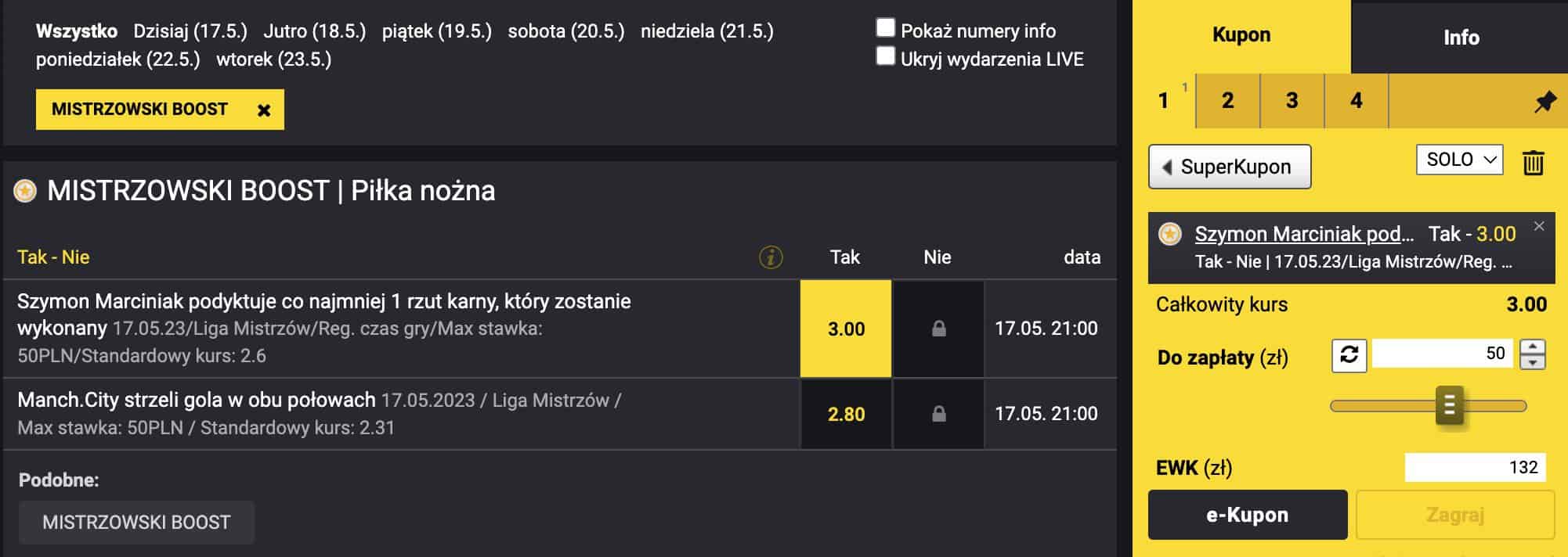 Kupon na rzut karny podyktowany przez Marciniaka