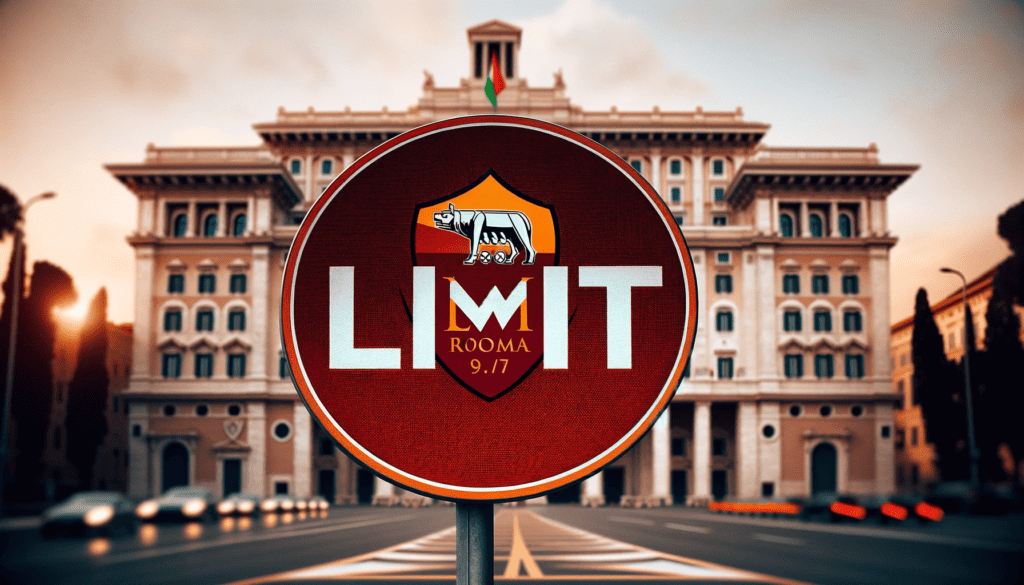Przygotuj grafikę poziomą, na której będzie widoczna siedziba klubu piłkarskiego AS Roma, a na pierwszym planie będzie znak stopu  z napisem LIMIT