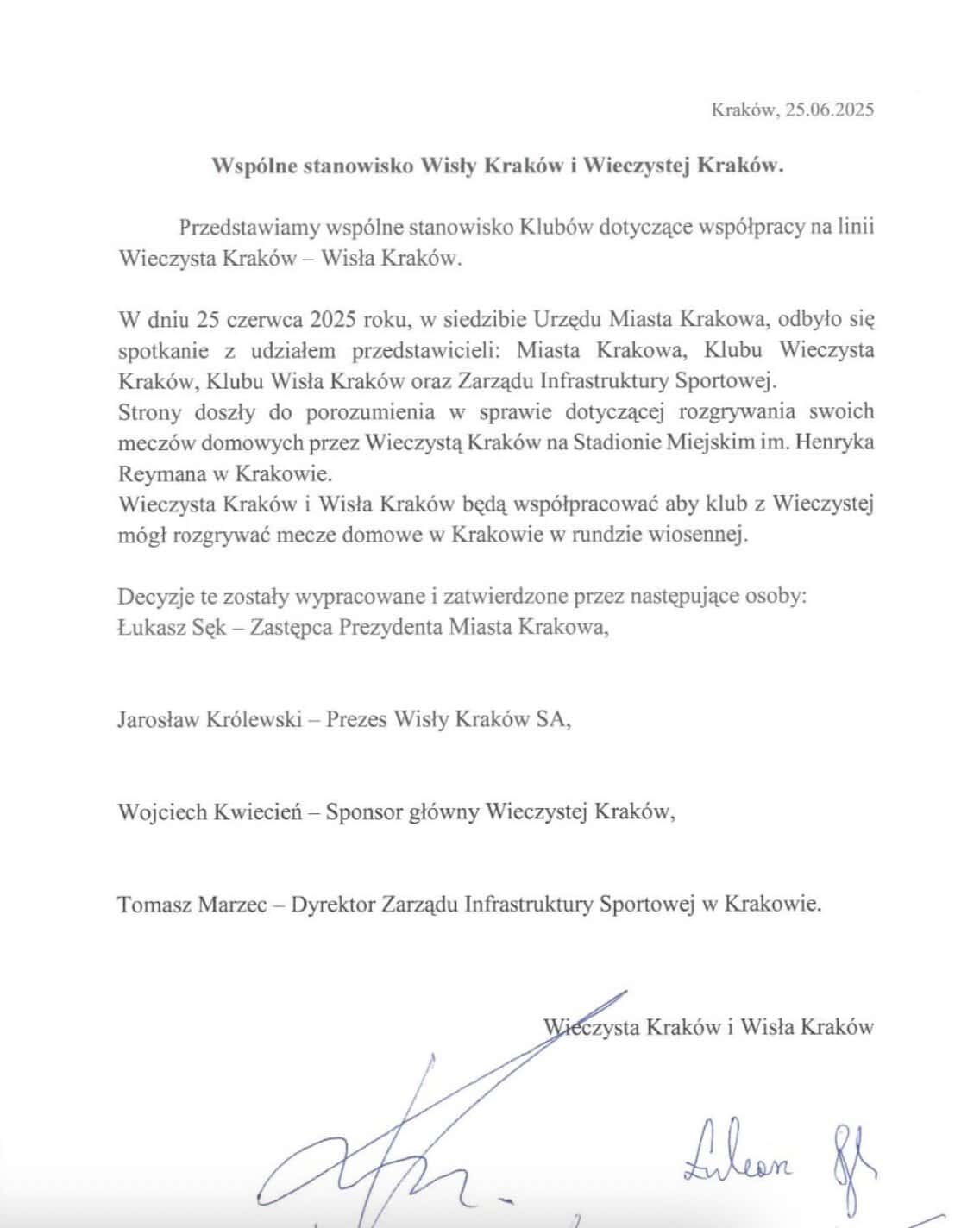 Wspólne stanowisko Wisły Kraków i Wieczystej Kraków