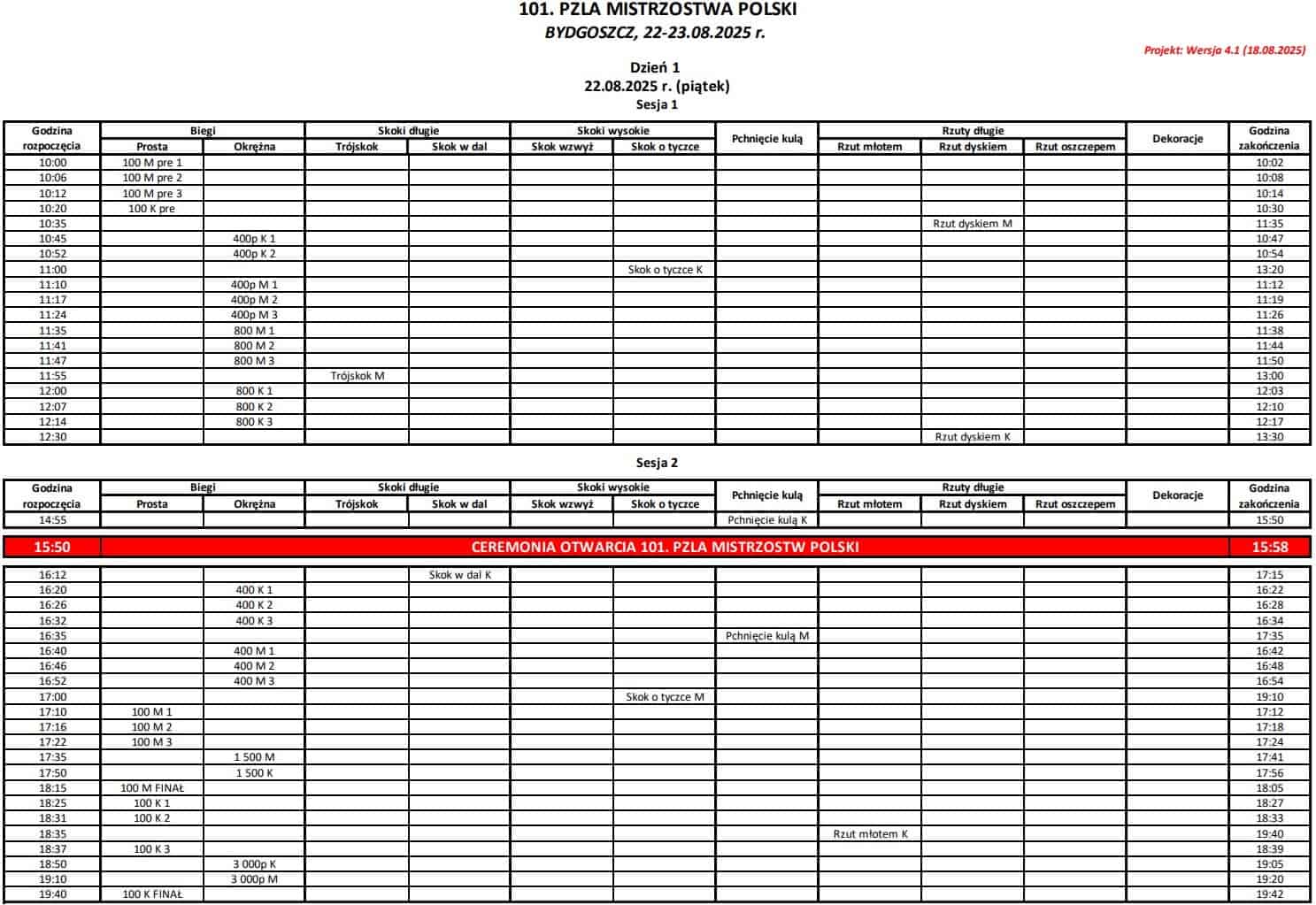 Program minutowy 101. PZLA Mistrzostw Polski - Bydgoszcz 2025 (Dzień 1, 22 sierpnia)