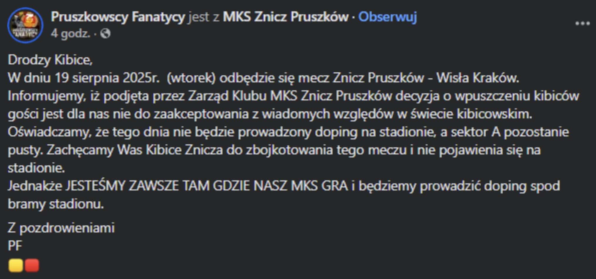 Oświadczenie kibiców Znicza Pruszków ws. spotkania domowego z Wisłą Kraków