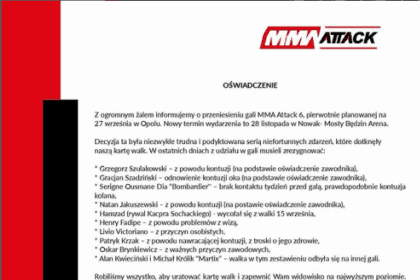 Gala MMA Attack 6 w Opolu  odwołana
